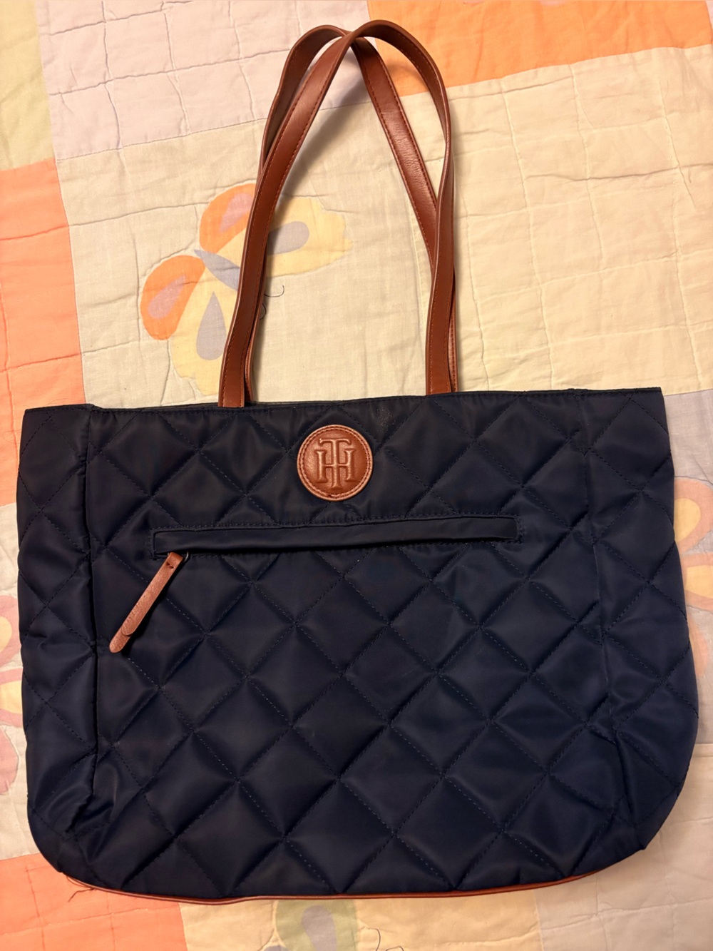 Tommy Hilfiger Quilted Navy Tote with Brown Leather Straps